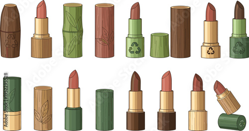 Eco Friendly Lipstick Collection with Natural Packaging and Organic Cosmetic Tubes Sustainable Beauty Product Vector Illustration for Green Branding and Skincare Design