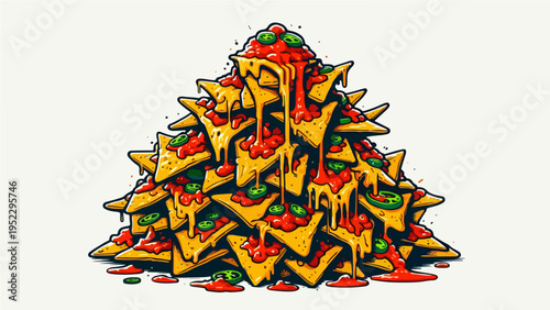 Stack of Nachos Covered in Gooey Melted Cheese and Jalapeños – Colorful Flat Vector Illustration of Loaded Mexican Snack