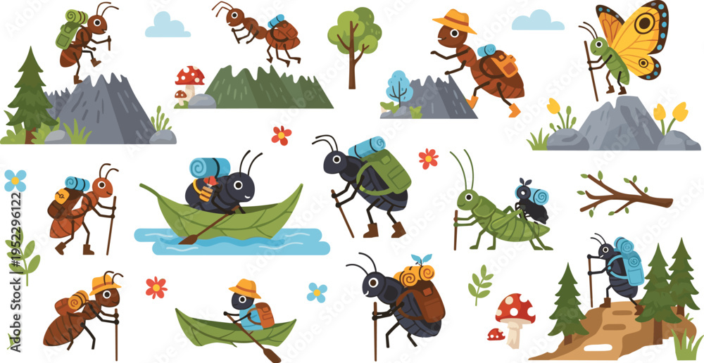 Naklejka premium Insect Adventure Scenes Collection with Ant Grasshopper Butterfly and Beetle in Nature Landscape Cartoon Set for Kids Illustration, Outdoor Exploration, and Educational Design