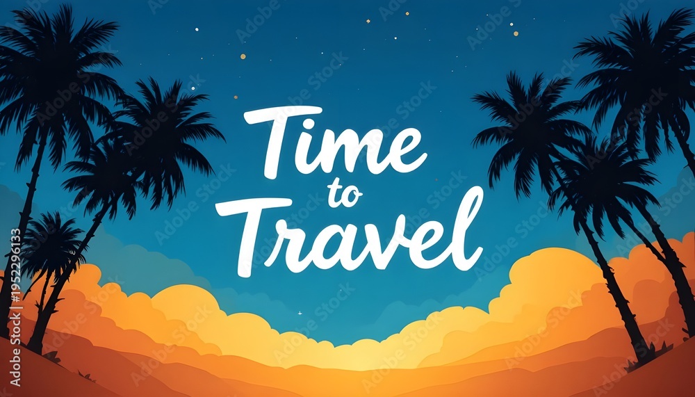 Obraz premium Time to Travel banner with tropical palm tree silhouettes on blue background, vibrant summer tourism design