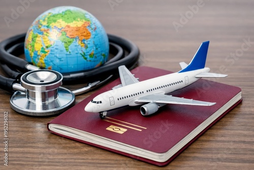 Wallpaper Mural Travel health items with globe, passport and plane. Ai generative Torontodigital.ca