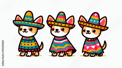 Cute Chihuahua Dogs Wearing Sombrero and Colorful Poncho Mexican Costume Set Illustration