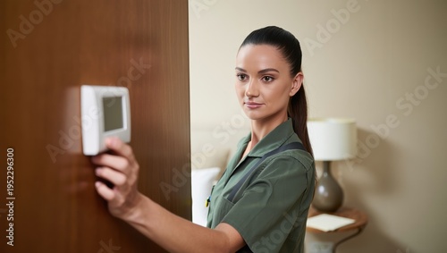 Female maintenance technician quietly checking wall thermostat in hotel room