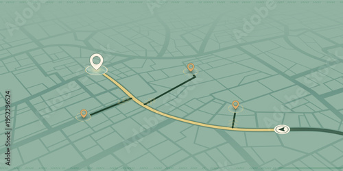 City Map with GPS Navigation Route and Location Pins on Green Background. Vector illustration.