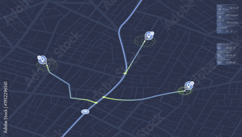 Dark Navigation Map Interface with Multiple Route Waypoints and Time Data Panel. Vector illustration.