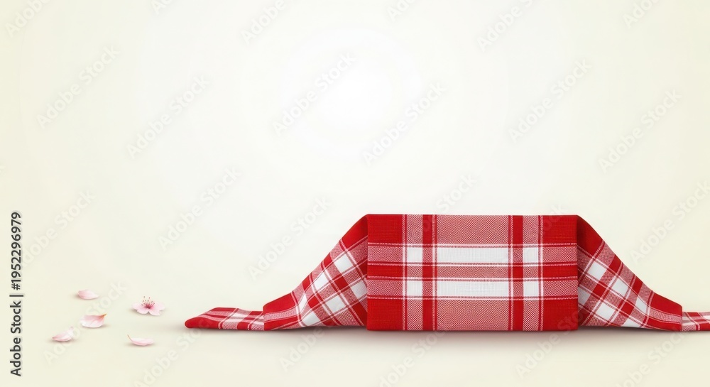 Obraz premium Red and white checkered tablecloth draped over a surface with scattered petals
