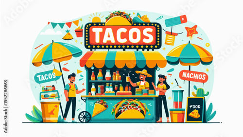 Vibrant food truck flat vector illustration of a lively taco and nachos market stall with happy people enjoying food and drinks