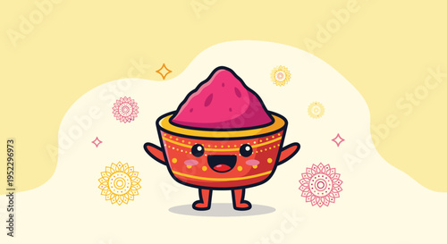 Playful cartoon bowl character with pink powder.
