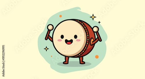 Playful cartoon drum character with arms smiling and bright.