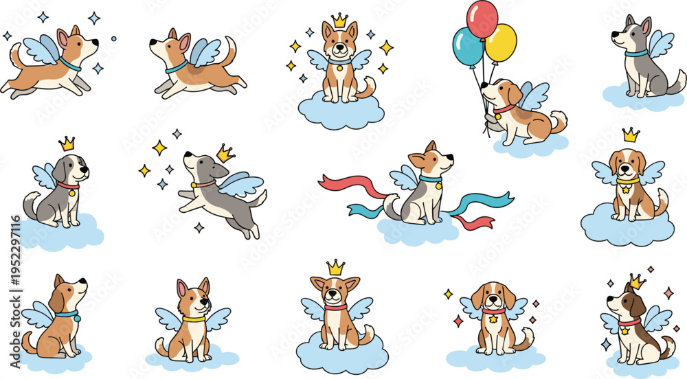 Fototapeta premium Cartoon dogs with angel wings, halos and crowns flying on clouds in whimsical fantasy scenes for decorative vector design projects