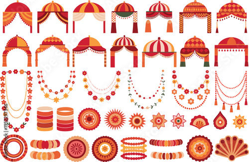 Set of indian wedding mandap structures with traditional floral garlands and decorative bangles