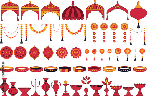 Collection of traditional indian wedding decorative elements and festive ceremonial items for design