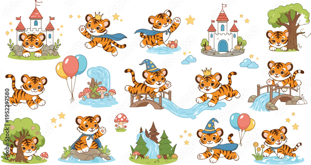 Obraz premium Whimsical cartoon tiger cubs in fantasy castles, magical forests and playful nature scenes for children’s decorative vector design projects