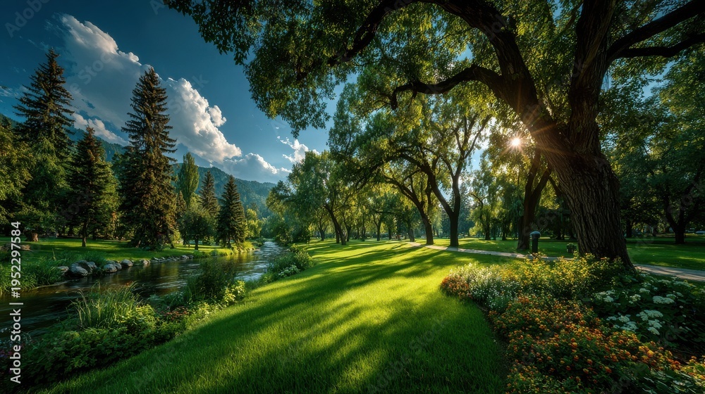 Obraz premium Verdant Tree Canopy Immersed in Lush Forestscape – Immersive Nature Visual for Sustainable Wellness and Eco-Tourism Branding