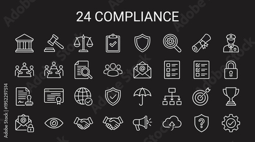 Compliance icon set design, legal and regulatory symbols, security and governance graphics, organizational checklist representation, trust and accountability visuals.