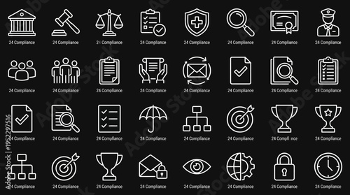 Law and justice icon set, security and organizational symbols, courthouse, gavel, scales, shield, police, administration, governance representation.