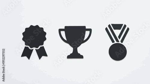 Award icons design featuring ribbon rosette, trophy cup, and medal, symbolizing achievement, excellence, competition, recognition, and success.