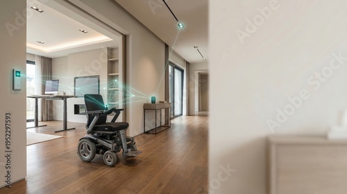 Thread protocol Smart home concept. Motorized wheelchair in modern smart home hallway