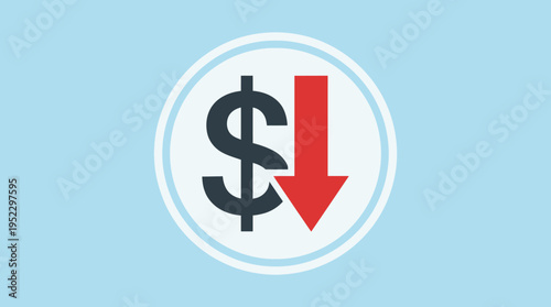 Dollar sign with downward red arrow, financial decline symbol, economic loss graphic, price drop illustration, monetary depreciation and market downturn.