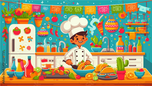 Cheerful cartoon chef preparing fresh tacos in a vibrant, festive kitchen filled with colorful Mexican decorations and ingredients