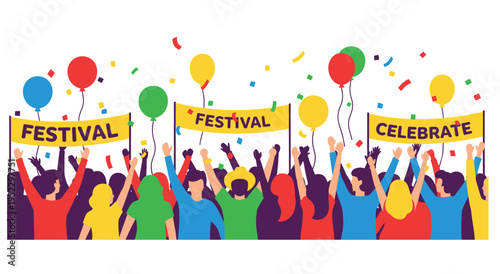 Crowd celebrating festival with balloons banners and confetti