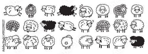 Doodle hand drawn funny cute sheep outline set. Drawing sheep