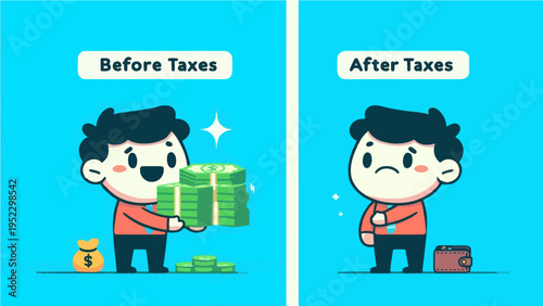 Comparison between gross and net income showing a businessman happy with a pile of money before taxes and sad with an empty wallet after taxes