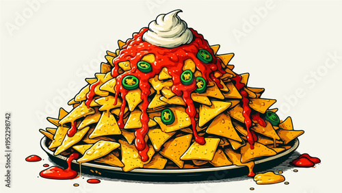 Cartoon illustration of a large plate of crispy nachos topped with melted cheese, red salsa, jalapeños, and sour cream