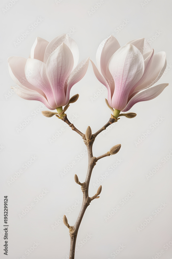 Obraz premium Soft pink magnolia blossoms on branch isolated on light neutral background