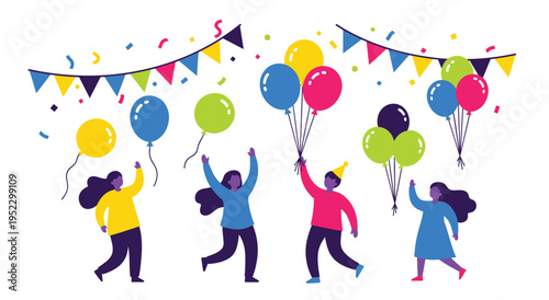 People celebrating with balloons and confetti at party with bunting