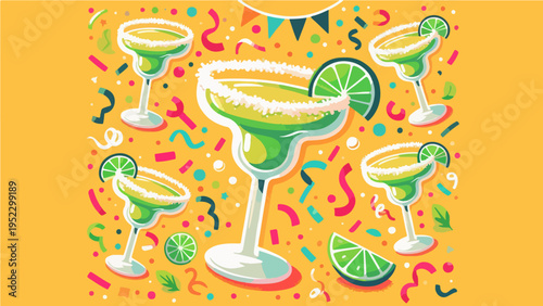Flat cartoon illustration of refreshing margarita cocktails with lime slices and salt rims on a festive yellow background with colorful confetti