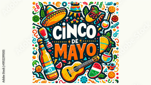 Cinco de Mayo celebration vector illustration with traditional Mexican elements like sombrero, guitar, tacos, and maracas on a colorful patterned background
