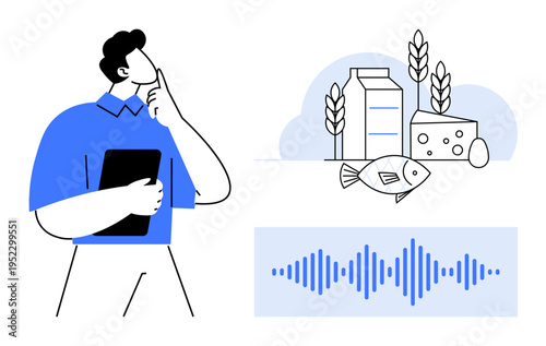 Nutrition concept. Nutrition expert examining dairy, fish, and grains alongside soundwave analytics. Nutrition informs health, diet decisions, and food industry innovation. Health, technology food