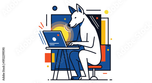 Dog wearing glasses using laptop computer on desk with abstract elements
