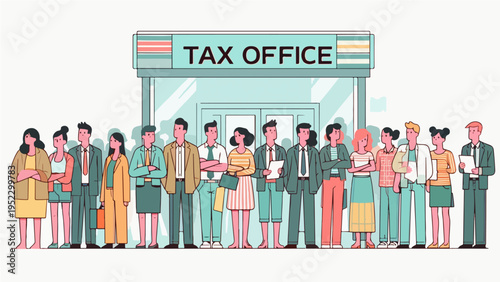 Flat cartoon illustration of a long queue of diverse people standing in line in front of a tax office building
