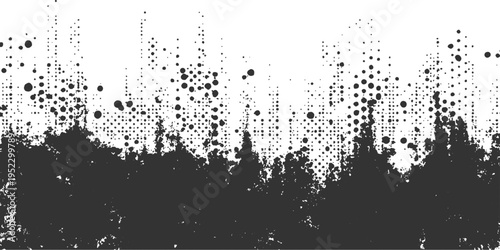 Abstract monochrome art landscape silhouette of a forest, using a blend of ink blotch and dot elements, evoking depth and a textured feel.