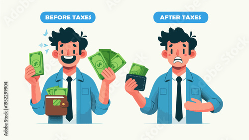 Cartoon illustration of a man comparing his income before and after taxes, showing a happy expression with lots of money versus a sad expression with a nearly empty wallet