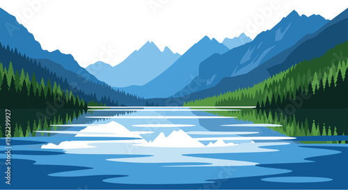 Mountain range landscape over peaceful lake water vector illustration art
