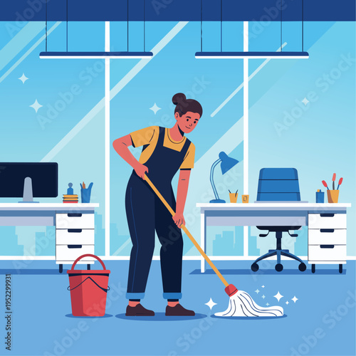 Cleaner mopping office floor
Flat vector illustration of a cleaner mopping the office floor with bucket and mop, modern office interior with desk and chair, solid colors, simple geometric shapes