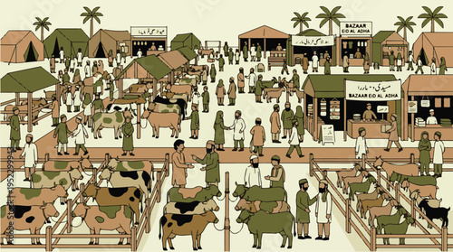Crowded Eid Cattle Market With People Buying Sacrifice Animals Illustration