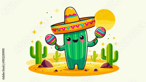 Cute cartoon illustration of a happy cactus character wearing a sombrero and playing maracas in a sunny desert landscape