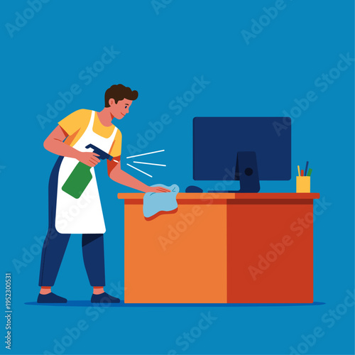 Cleaner disinfecting workspace
Flat vector illustration of a cleaner spraying disinfectant on an office desk and wiping with cloth, computer and keyboard on desk, simple shapes, solid colors, minimal 