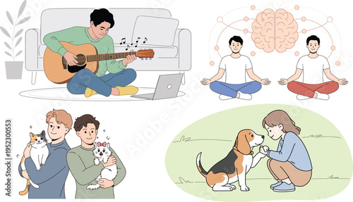 Healthy Lifestyle Illustration Set with Music Meditation Pets and Relaxation Activities Showing Mental Wellness and Positive Daily Habits Isolated on White Background