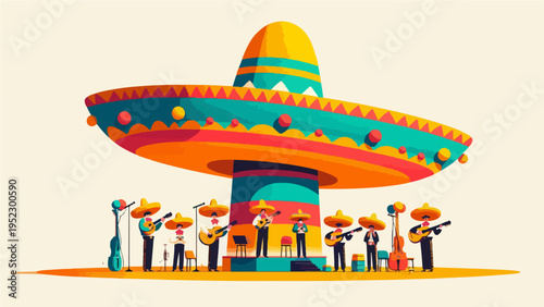Vibrant Mariachi Band Performing Beneath Giant Colorful Sombrero in Festive Mexican Celebration Scene