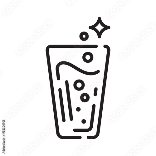 Sparkling Carbonated Water Glass Line Icon with Refreshing Bubbles and Shine for Beverage Design