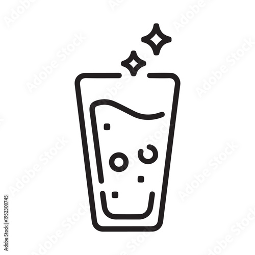 Sparkling Carbonated Water Glass Line Icon with Refreshing Bubbles and Shine for Beverage Design