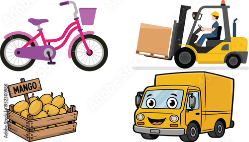 Transportation and Delivery Illustration Set with Bicycle Forklift Truck and Mango Crate for Logistics Shipping and Fresh Produce Distribution Isolated on White Background