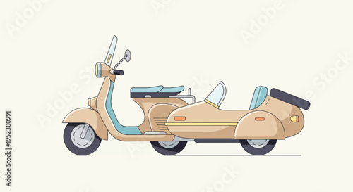 Flat illustration of a scooter with a sidecar, showcasing a vintage design with light colors