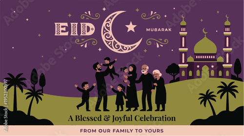 Eid Mubarak Greeting Card With Muslim Family And Mosque Illustration