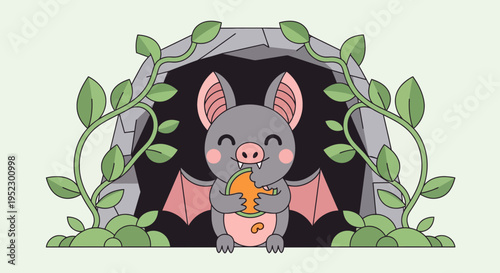 A cartoon bat smiles while eating fruit, vines surround its cave entrance